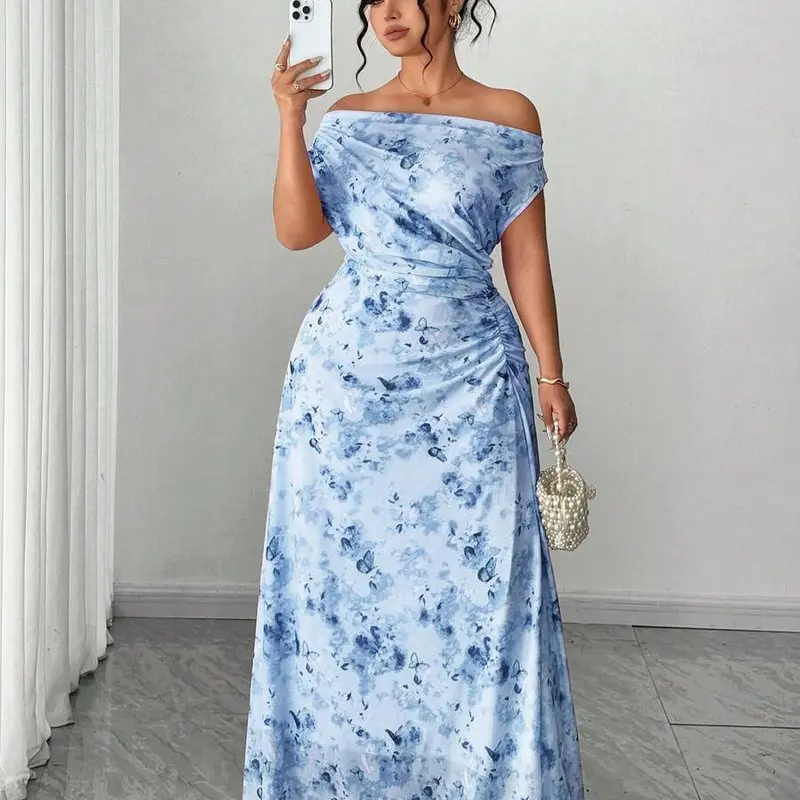 ZENIE Plus Size Elegant Date Night Off Shoulder Cinched Waist Floral A Line Maxi Dress Party Outfit