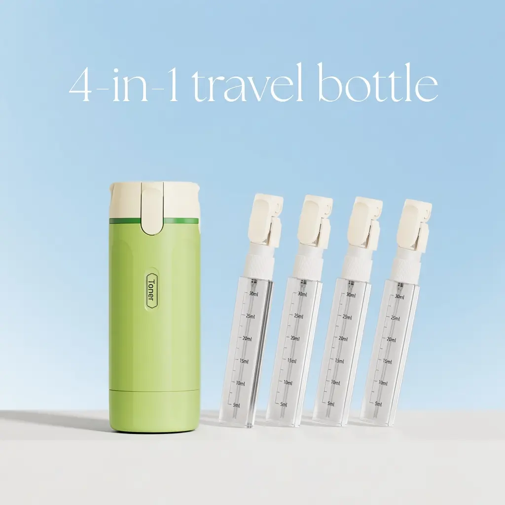 4-in-1 4-Compartment Compact Plastic Portable Space-Saving Travel Toiletry Dispenser Bottle - Leak-Proof, Smooth, Daily Care Bathroom Soap Dispenser, 1-Press Operation, Mess-Free Flow, Gym Bag Storage, Checkpoint-Friendly Wholesale Cosmetic Container, Toi