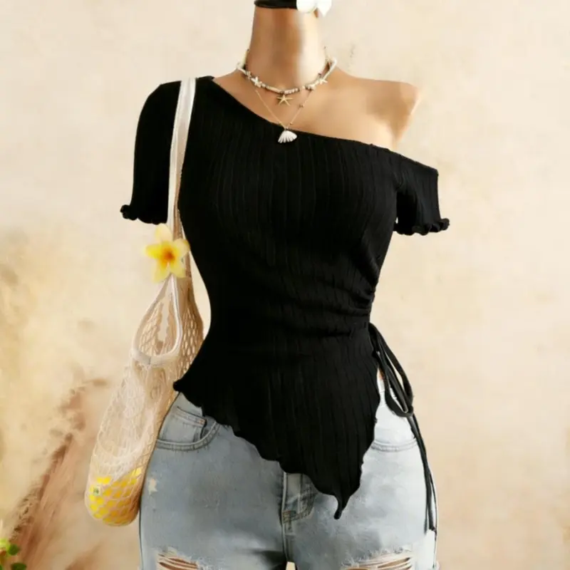 Summer Essential: Women's Sexy Feminine Asymmetrical Off-Shoulder Side Tie Adjustable Top, Fashionable Ruffle Hem Short Sleeve T-Shirt, Slim-Fitting Style Womenswear Casual