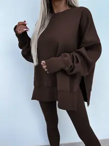 Oversize Two-Piece Set Women's Green Split Hem Sweatshirt & Skinny Pants Casual Fashion Cozy Round Neck Long Sleeve Pullover for Fall & Basic Spring Suits Crewneck