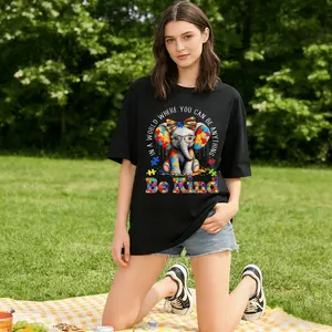 Elephant With Puzzle Pieces And Be Kind Print T Shirt Crew Neck Casual Wear For Women And Girls