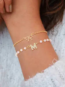 Women's Zirconia Initial Bow Bracelet Set, Vintage Fashion Beaded Chain Stainless Steel Multi-Layer Jewelry for All Seasons