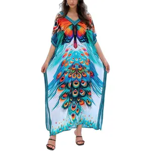 Women’s Floral Kaftan Dress Plus Size Beach Cover Up Short Sleeve Summer Swimsuit Loungewear Maxi Dress