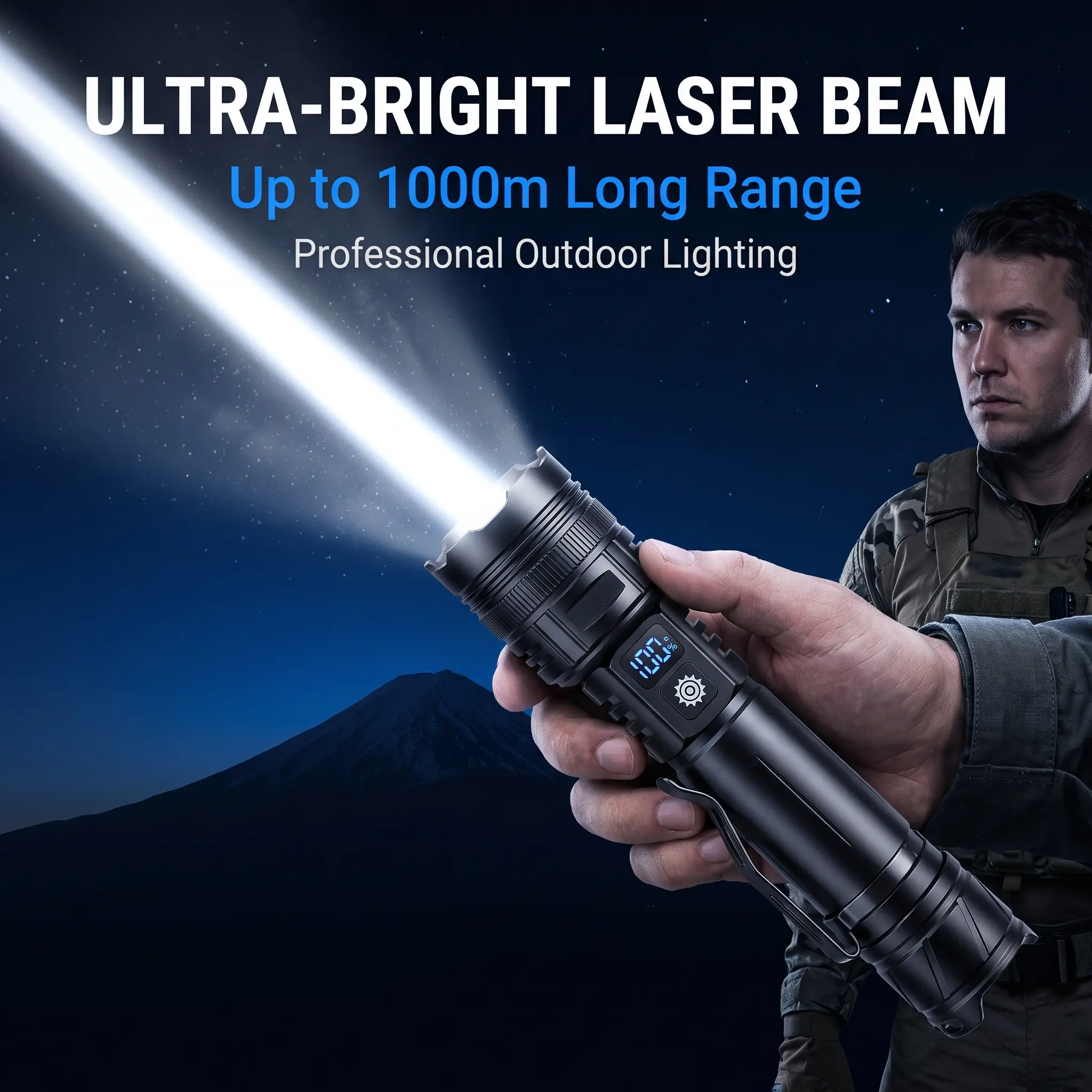 Ultra Bright Long Range LED Flashlight with Digital Display, Telescopic Zoom Type-C Rechargeable Torch, IPX6 Waterproof Aluminum Alloy Handheld Light for Camping Hiking Fishing Emergency Outdoor Use