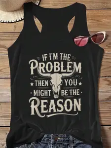 Women's Western Style Cow Skull Slogan Print Vest, Vintage Punk Design, Loose Fit, Soft Breathable Fabric, Everyday Streetwear Fashion, Womenswear, Tops
