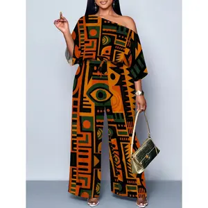 Women's Chic African Print 1-Shoulder Jumpsuit - Vibrant Dashiki Geometric Pattern, Polyester Wide-Leg Romper Pants, Beach-Ready Fit,summervibes