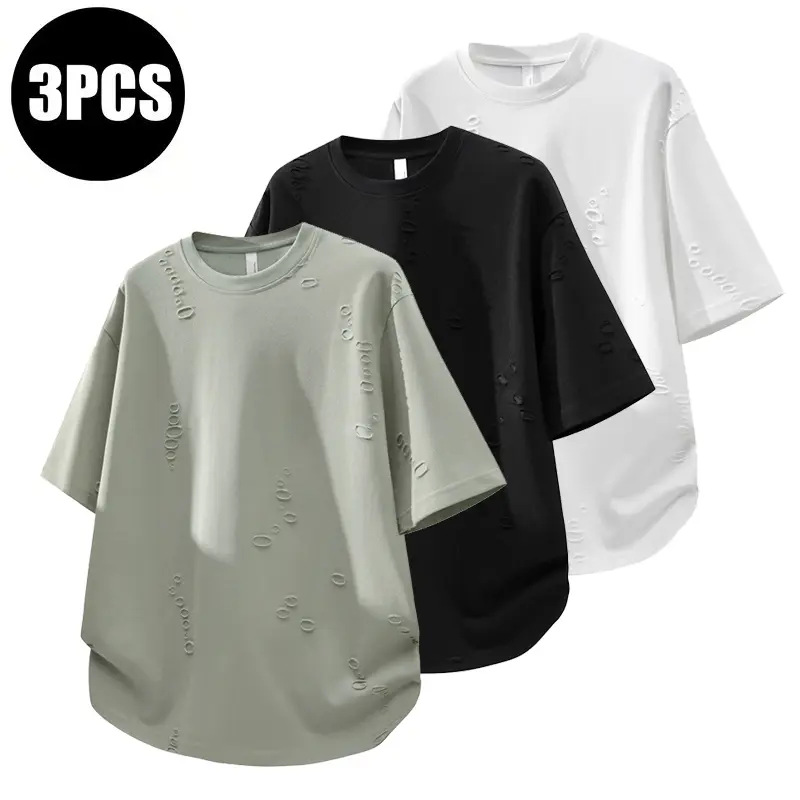 3PCS fashion thin breathable short sleeved T-shirt for men, summer round neck perforated breathable sports and leisure versatile short sleeved top, college style street daily