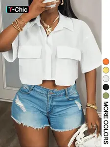 Women's Solid Color Short Sleeve Shirt, Casual Elastic Pocket Design Crop Top for Summer, Women's Clothing for Daily Wear, Womenswear