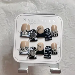 Black Star Y2K 3D Rhinestone Press On Nails (Handmade, Long Square)