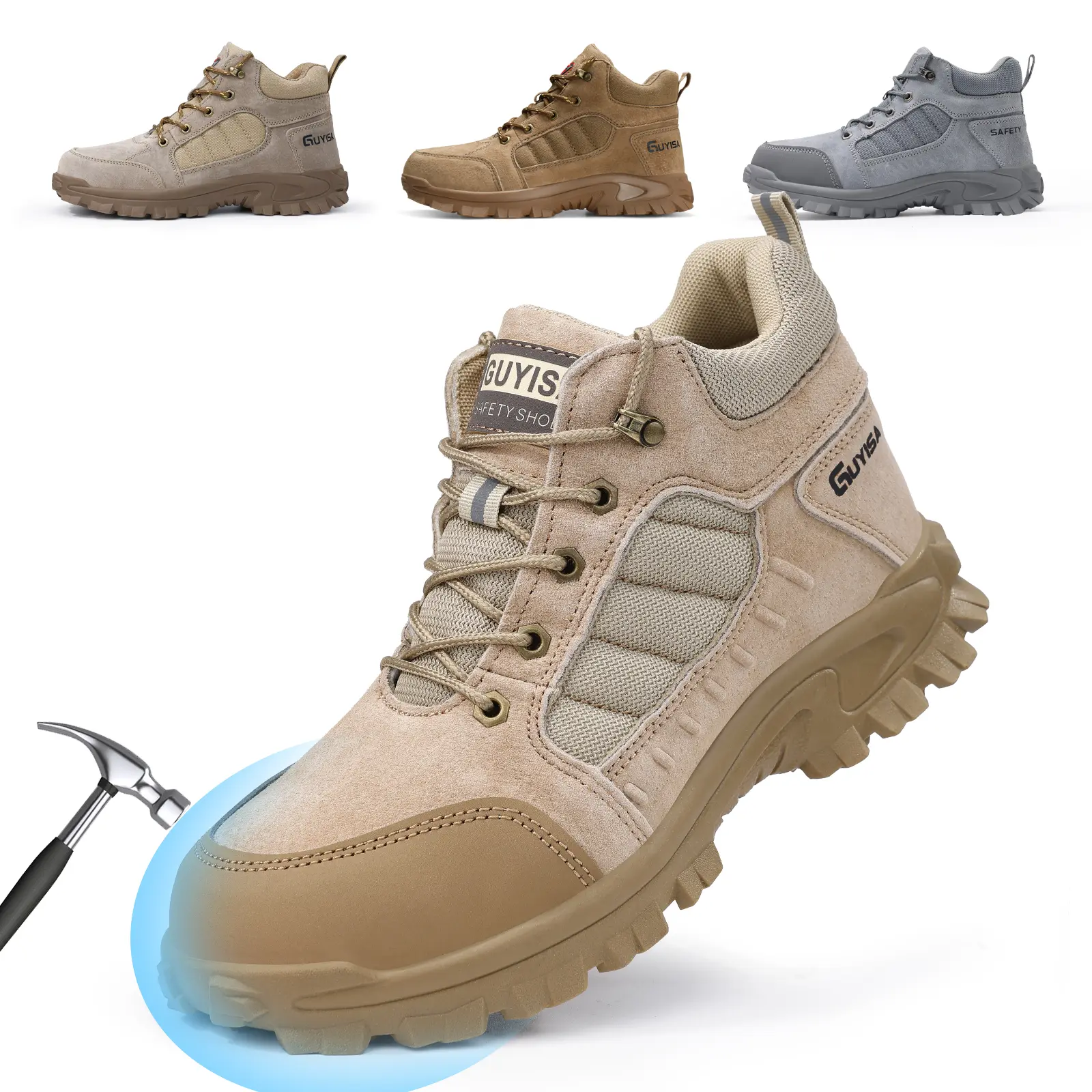 GUYISA Men's Steel Toe Work Boots, Chunky Faux Leather Mid-Top with Side Zipper, Steel Toe Caps, Puncture-Resist, Rubber Sole, Resists Falling Construction Materials, Spring-Ready All-Season Safety Footwear for Workers