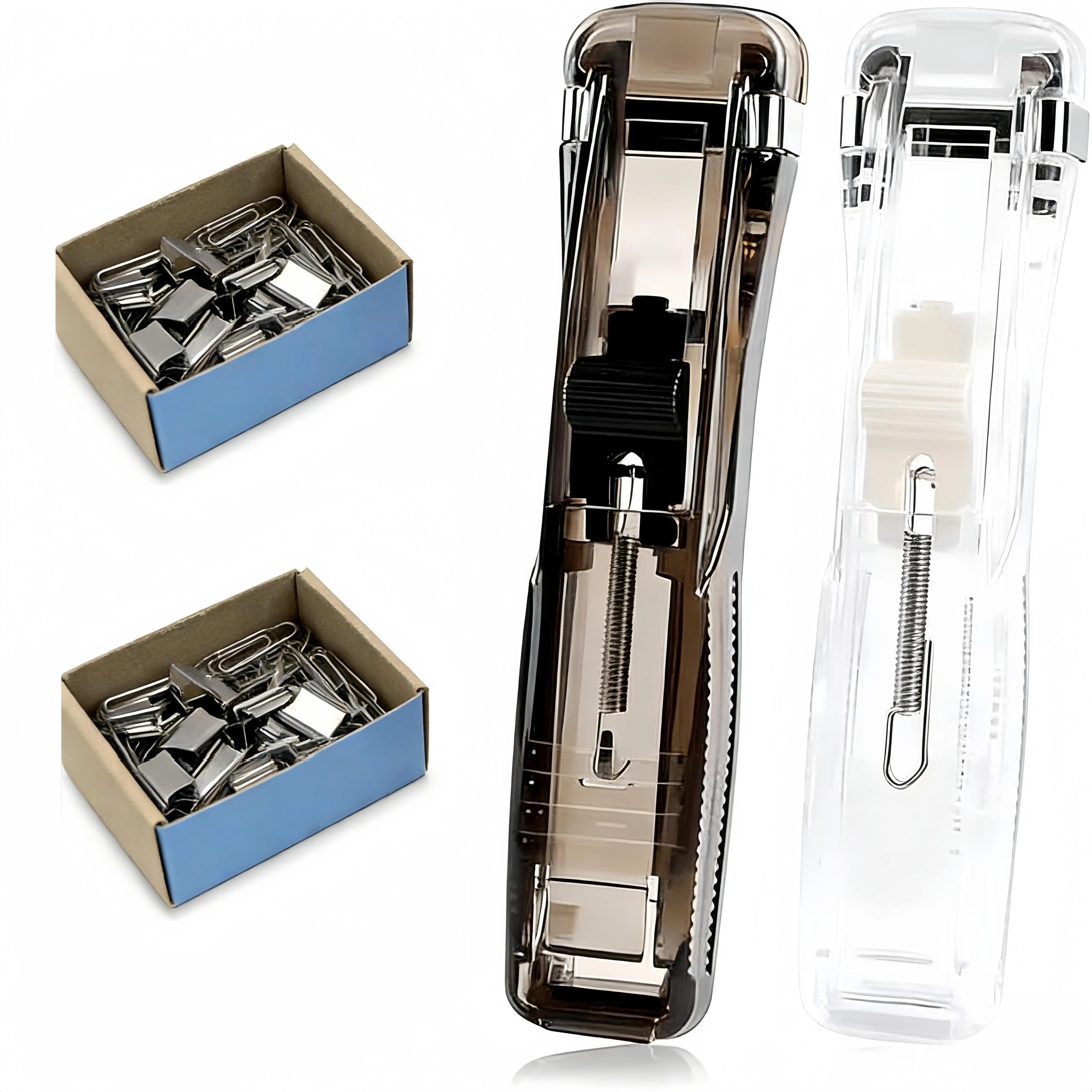 2PCS Compact 2-in-1 Portable No-Hole Binder Stapler with 100PCS Silver Iron Metal Small Binder Clips, Reusable Clip Dispenser, Non-Destructive Neatly Organized Materials Paper Organizer for Office, Home, School Use