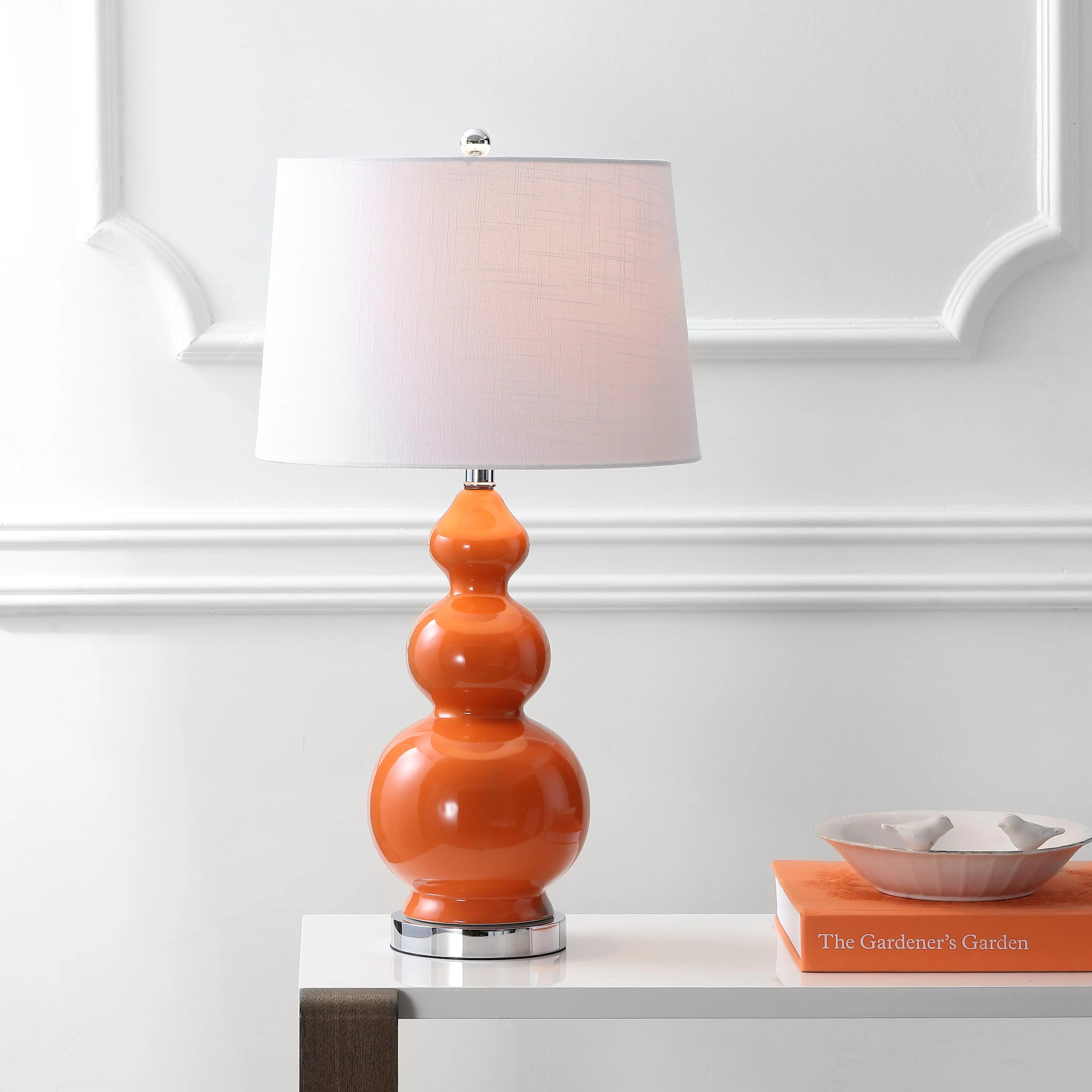 JONATHAN Y Bowen 27.5" Ceramic Triple Gourd Table Lamp | Contemporary, White Linen Drum Shade, Modern Transitional Style, Metal Base, LED Bulb Included