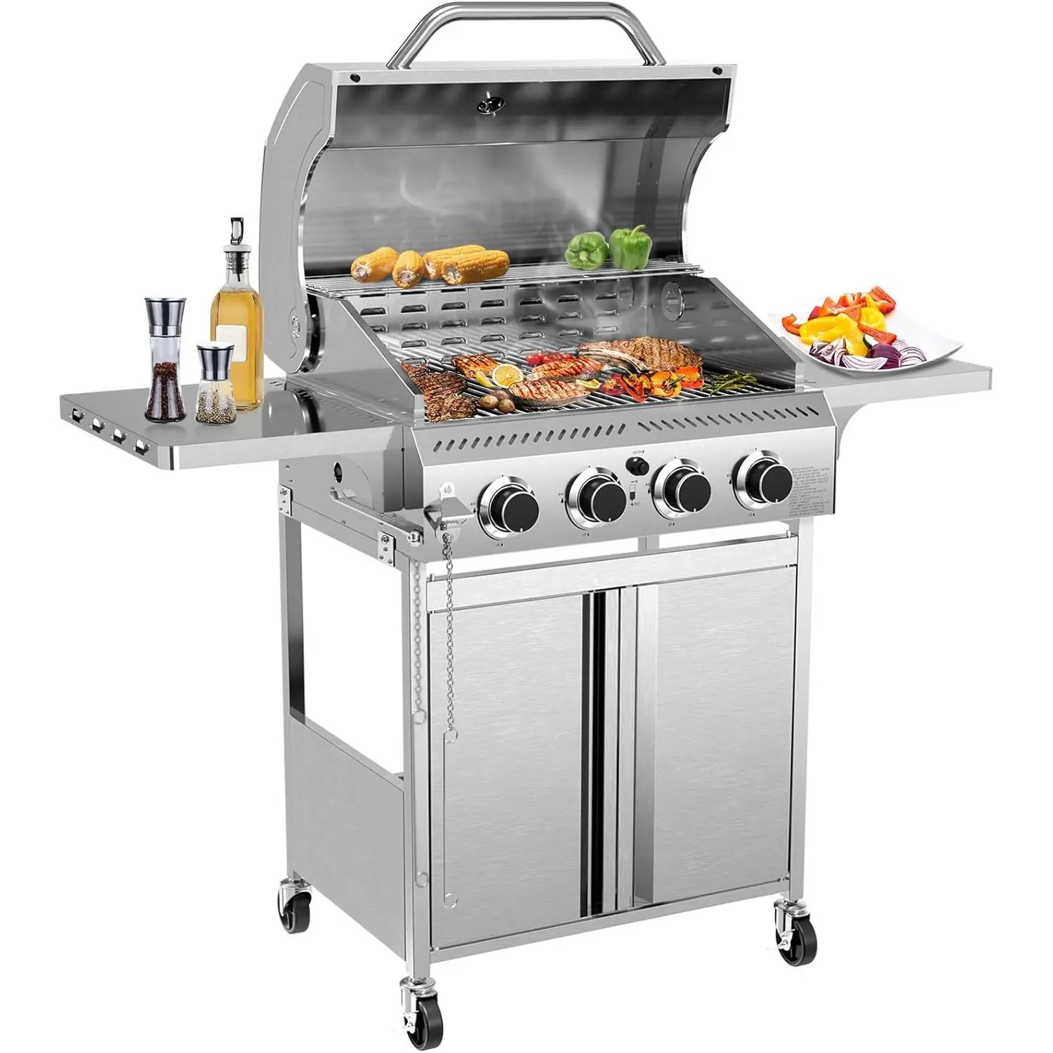 R.W.FLAME 4-Burner Gas BBQ Grill, ASTM 304 Stainless Steel Propane Grill with 32000 BTU, Outdoor Grill with Top Cover Lid,Wheels,Side Storage Shelves for Patio Garden Camping Barbecue Cooking Portable Bbqs