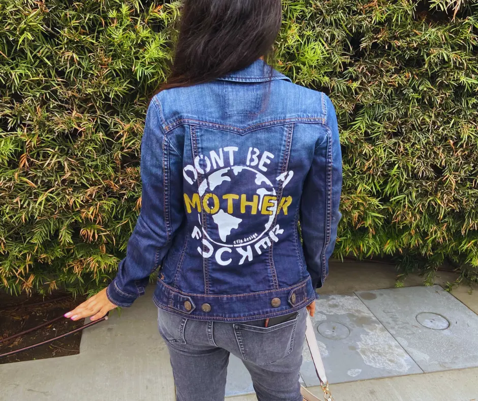 Womens Upcycled, ReDyed Denim Jacket with Original Graphic on Back