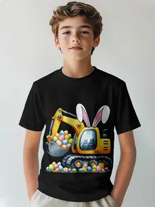 Boys Easter Bunny Ear Excavator T-Shirt, Children Egg Engineering Car Fun Short Sleeve Top, Casual Slim-Fitting Geometric Pattern Tee