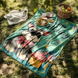 1 piece Cute Schnauzer Birthday Blessing Illustration themed flannel blanket - Flannel blanket with modern design, suitable for sofas and beds, all-season use, super soft and comfortable, digitally printed pattern, 100% polyester material, machine