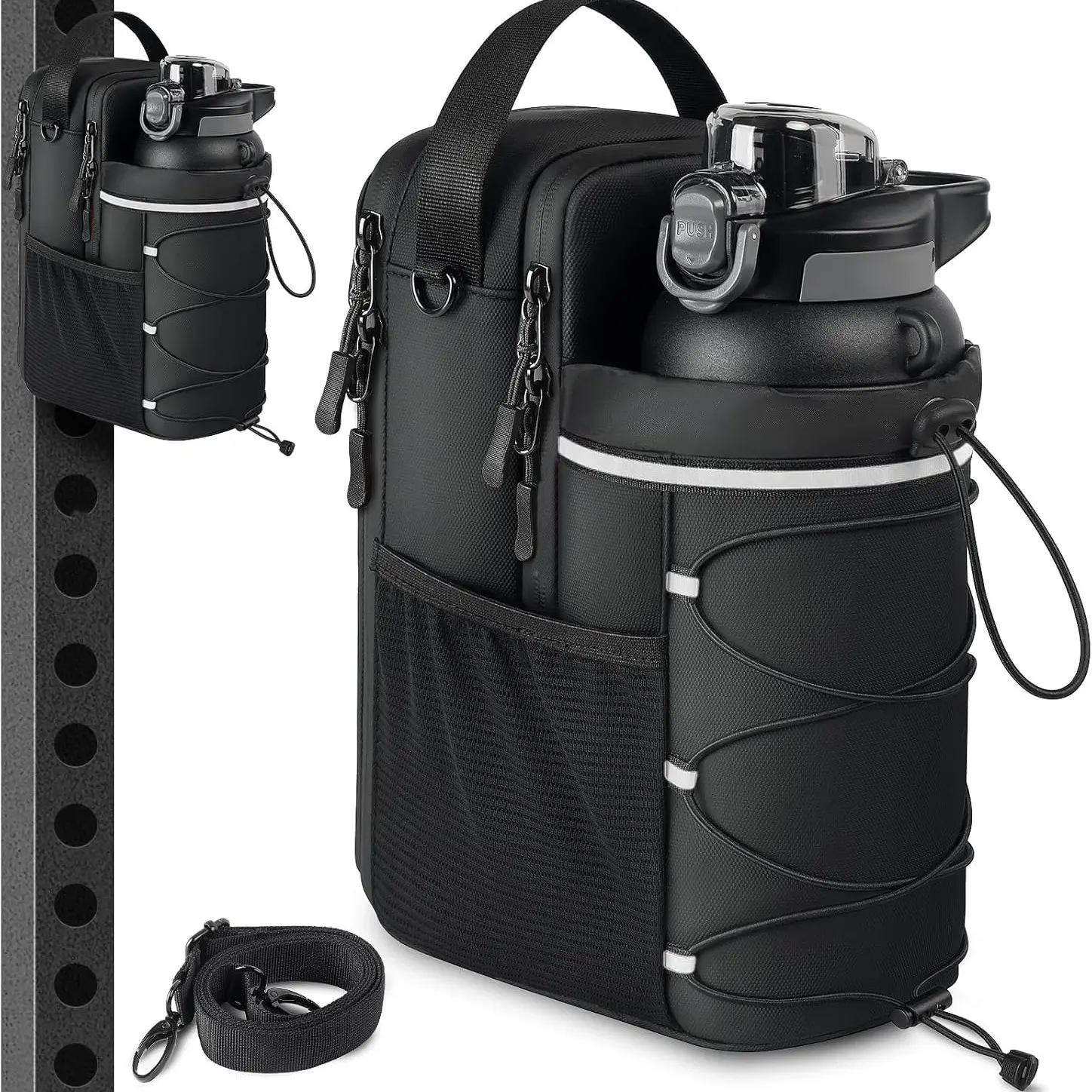 Hands-free hydration, magnet-ready.This fitness water bottle sling holds 64oz, clips on & stays put with strong magnets—gym, hike, or go.