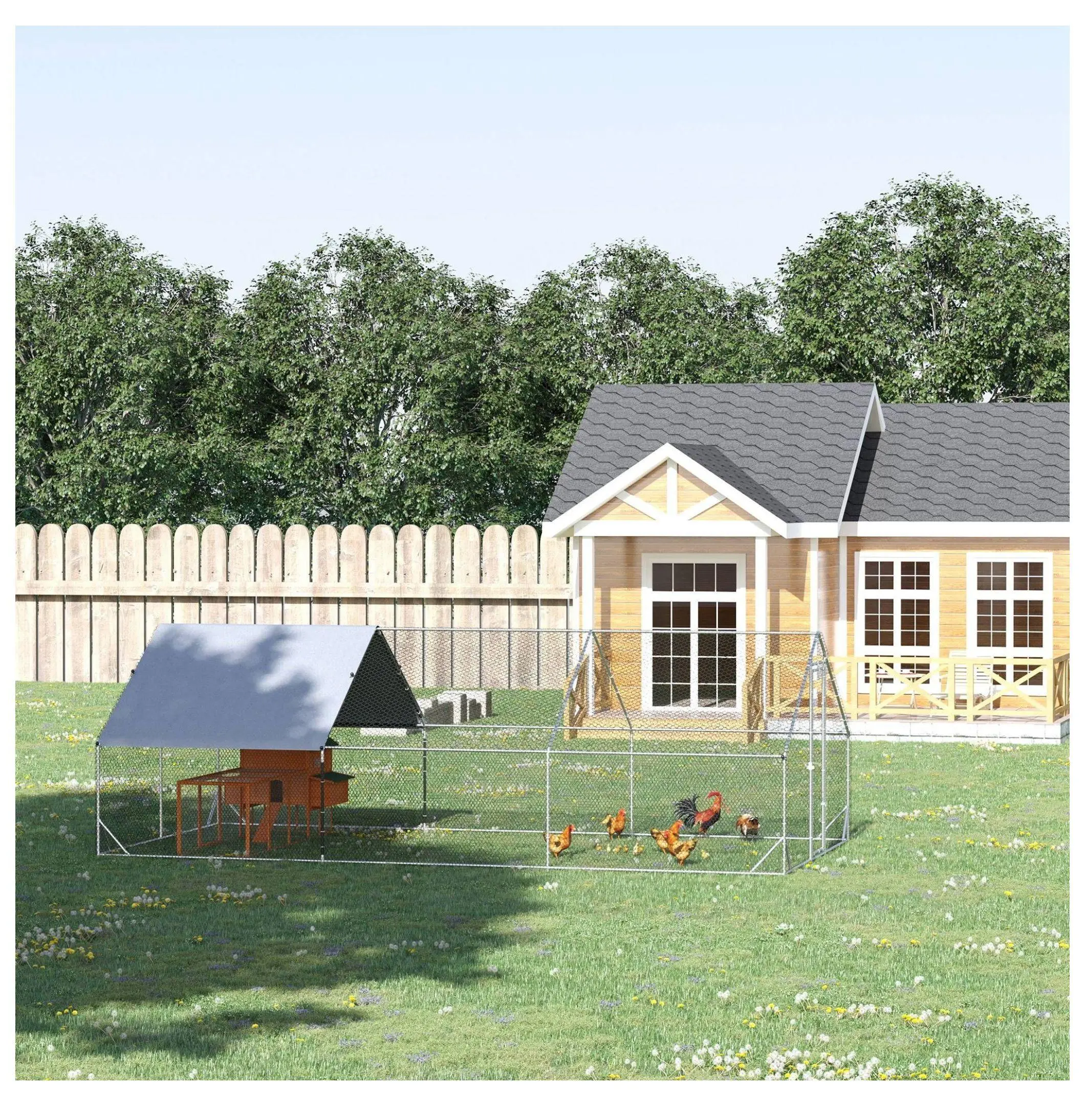 Chicken Coop, 10x20x6.5ft Outdoor Walk-In Hen House Cage for 12-18 Chickens - Galvanized Steel Frame, Weather Resistant, Cover, Lockable Door, Silver