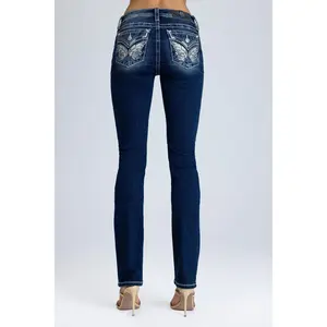 MissMe Riyon Wings Straight Jeans - Vintage Wash Slim Straight Denim with Sculpting Fit, Leg-Lengthening Shape & Everyday Baddie Y2K Energy