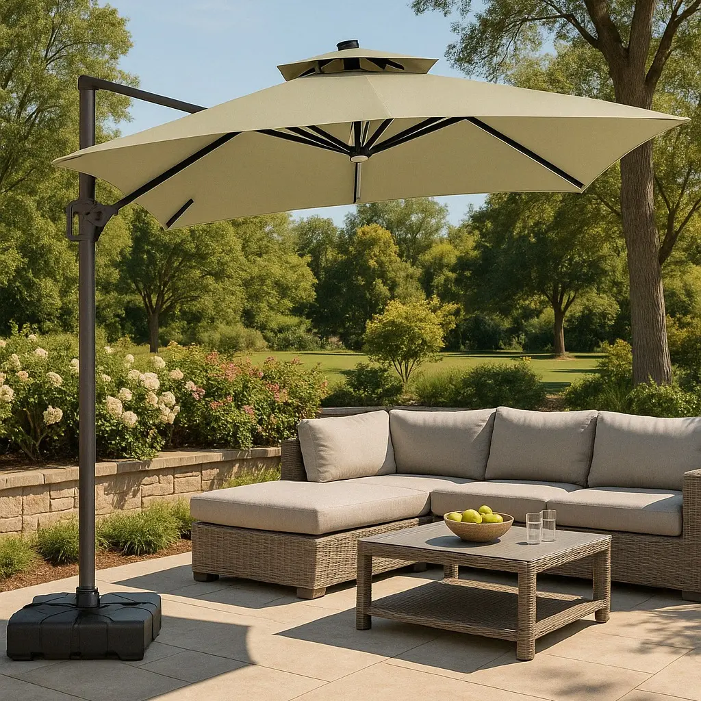 AURORA Modern Cantilever Outdoor 10 ft Square Patio Umbrella - LED Light, 37 in Large Sturdy Base, Enhanced Airflow, Convenient Adjustable Control, Double-Stitched Fabric, 118 in W x 118 in D x 96.5 in H, Sun Protection, Double Top Design, With Base