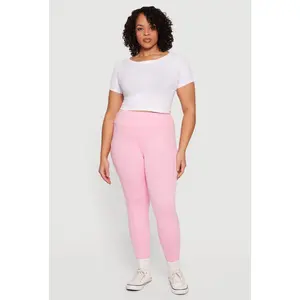 Plus Size Solid High Waisted Leggings with Cell Phone Pockets