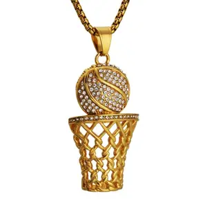 Hip Hop Iced Out Bling Basketball Basket Pendant Stainless Steel Cubic Zirconia Fans Sports Necklace for Women Men Jewelry