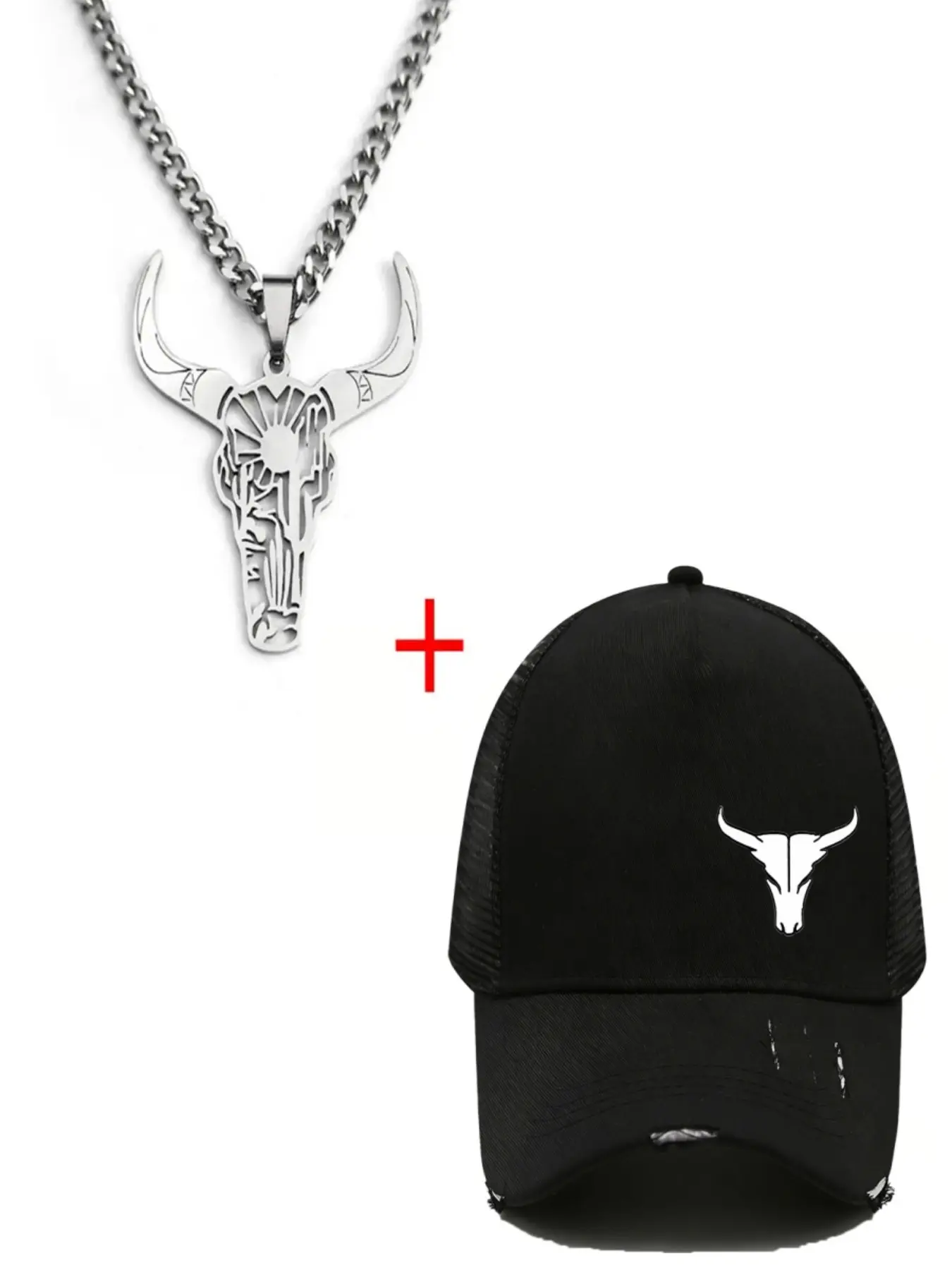 Hip Hop Bull 1pc Head Jewelry & Hat Bundle, Hollow Cutout Bull Pendant Necklace, Vintage Washed Bull Logo Trucker Hat, Casual Streetwear Accessories