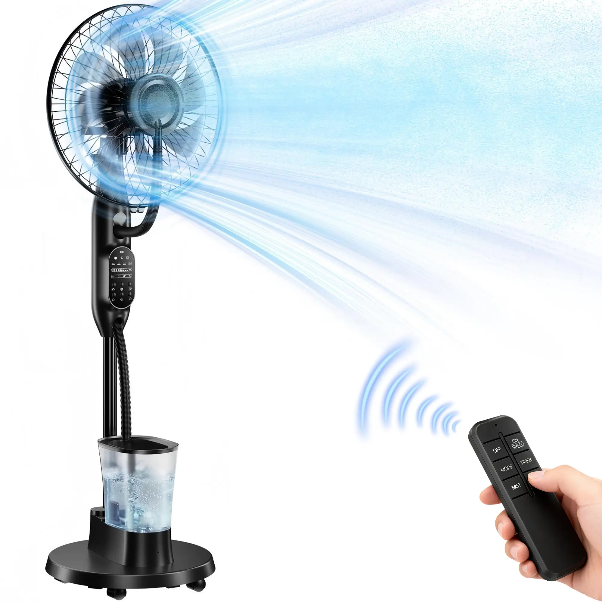 2.6L Large Water Tank Mister Cooling Fan, 5 Speeds 3 Modes Misting Standing Fan, Floor Fan with Remote for Home, Bedroom, Patio, Outdoor office coverage Multifunction Fan Evaporative Tank Fan