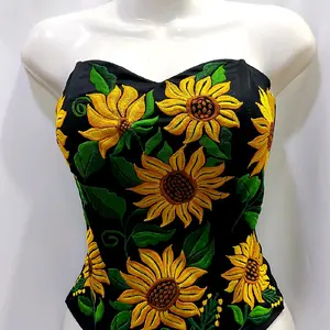 Hand made Corsets, Embroidery Styles sunflowers beautiful art . made in Oaxaca Mexico 100% by Artisan