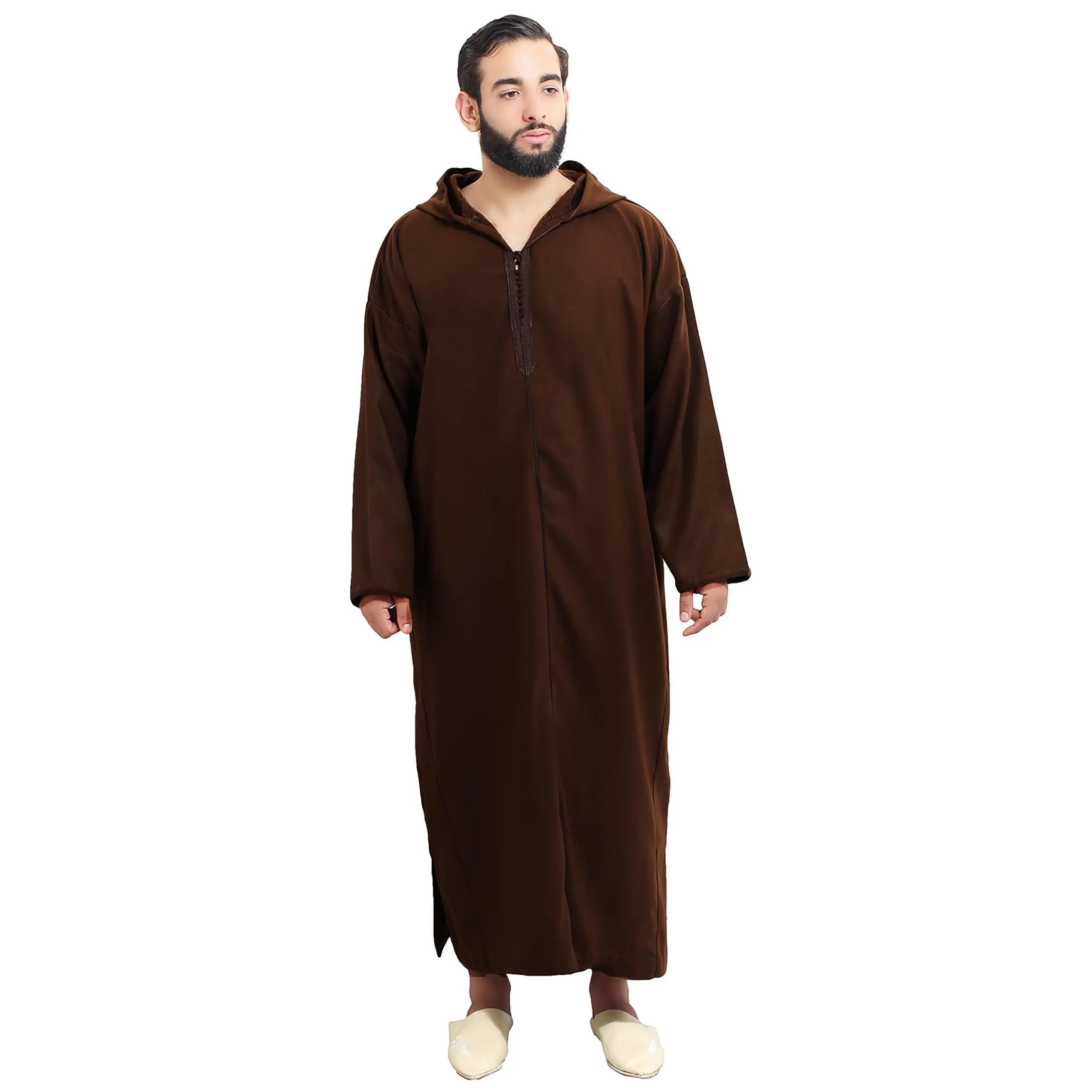 Moroccan Men Djellaba Handmade Winter Cotton Delicate Embroidery Chocolate Large to X-large