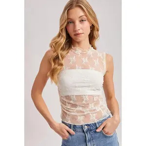 Sheer Floral Embroidery Muscle Tank - Ivory