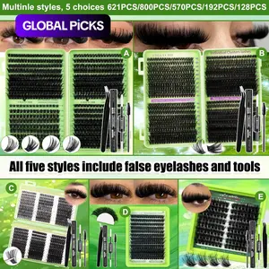 Multiple options: 800/621/570/192/128 Clusters Thick Synthetic Lash Kit, Eyelash Extension, 30D-160D Mixed Styles, 8-18mm Mix Lengths, Natural Daily Wear, Salon Quality, Beginner-Friendly, For Daily & Christmas, Spring Stock-Up