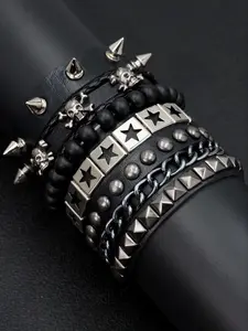 Men's Punk Style Chain Bracelet Set, 5-Piece Stackable Bracelets Multi-Layered Skull Beaded Hip-Hop Rivet Design, PU Leather Wristbands for All Seasons, Versatile Accessory