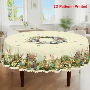 1pc, Easter Themed Party Tablecloth, Picnic Table Cover, Spring Summer Rabbit Butterfly Colored Eggs Daisy Floral Printed Design, Rectangular/Round/Oval Table Cloth, Embossed Edges, Suitable For Picnic Dinner Kitchen Dining Room Decoration