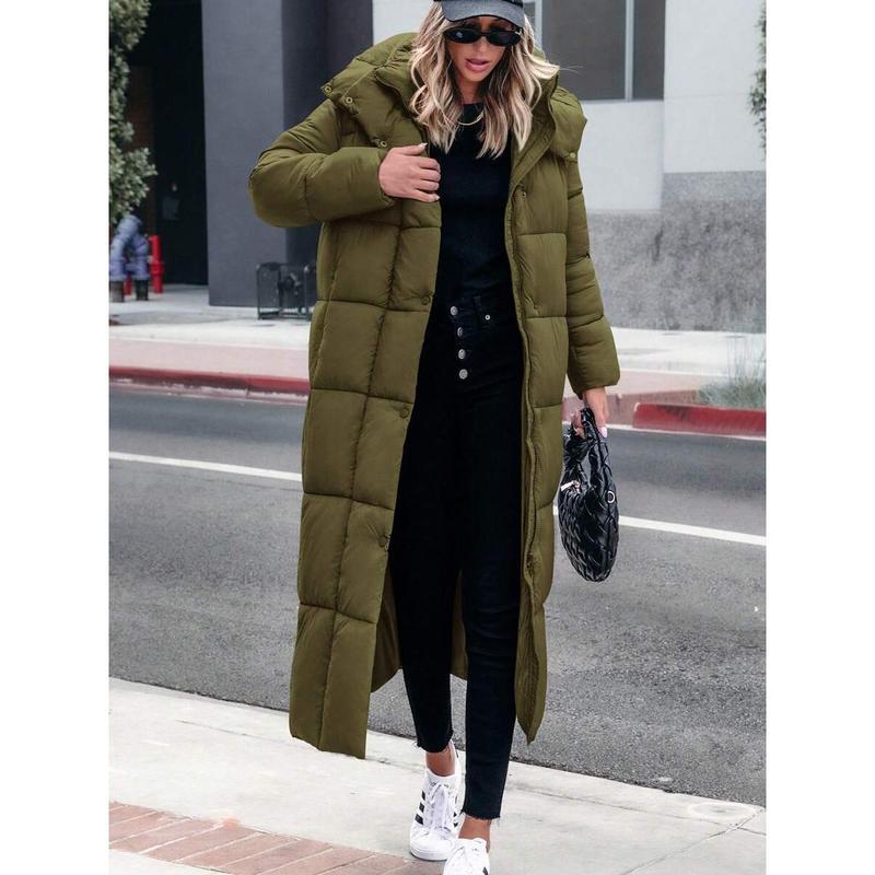 Women's Army Green Long Winter Coats Hooded Zip Up Casual Baggy Jackets Warm Clothes Outerwear Drawstring Fabric Fit Sleeve Daily Travel Basic Tops