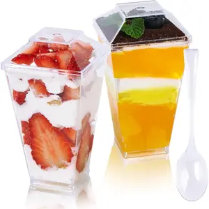 100-count pack of 3-ounce mini dessert cups (with spoon lids), square tall transparent plastic parfait cups/appetizer cups/small serving bowls, perfect for party desserts