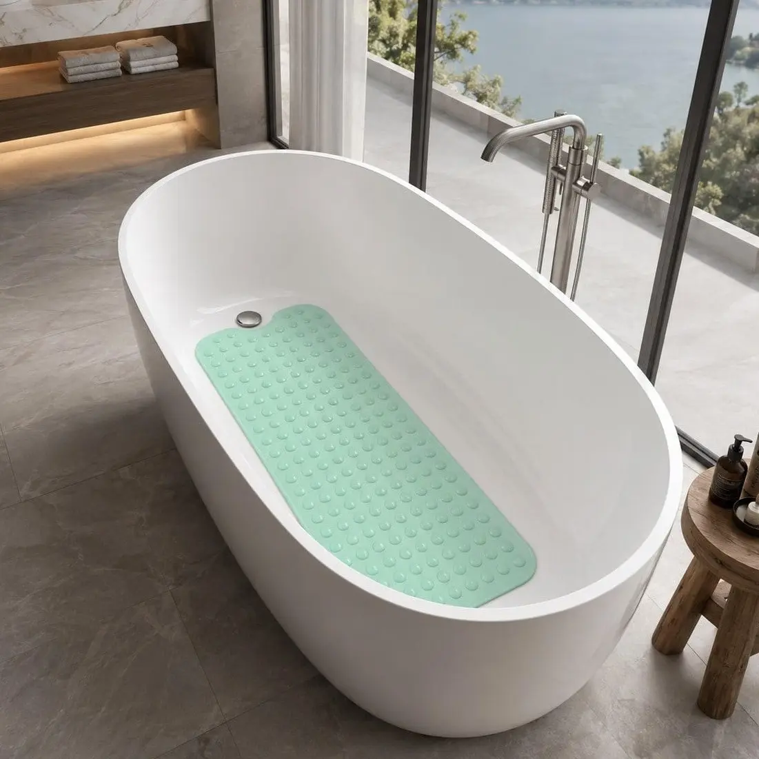 Bathroom Essentials Mat 40x16 Inch,Non Slip Mat With Strong Suction Cups,Large Machine Washable Shower Rug,Drain Holes Keep Tub Clean,Waterproof Mold Resistant Rubber PVC Mat,Blue Black Transparent Light Gray,Bathroom Supplies,Holiday Gift For Family