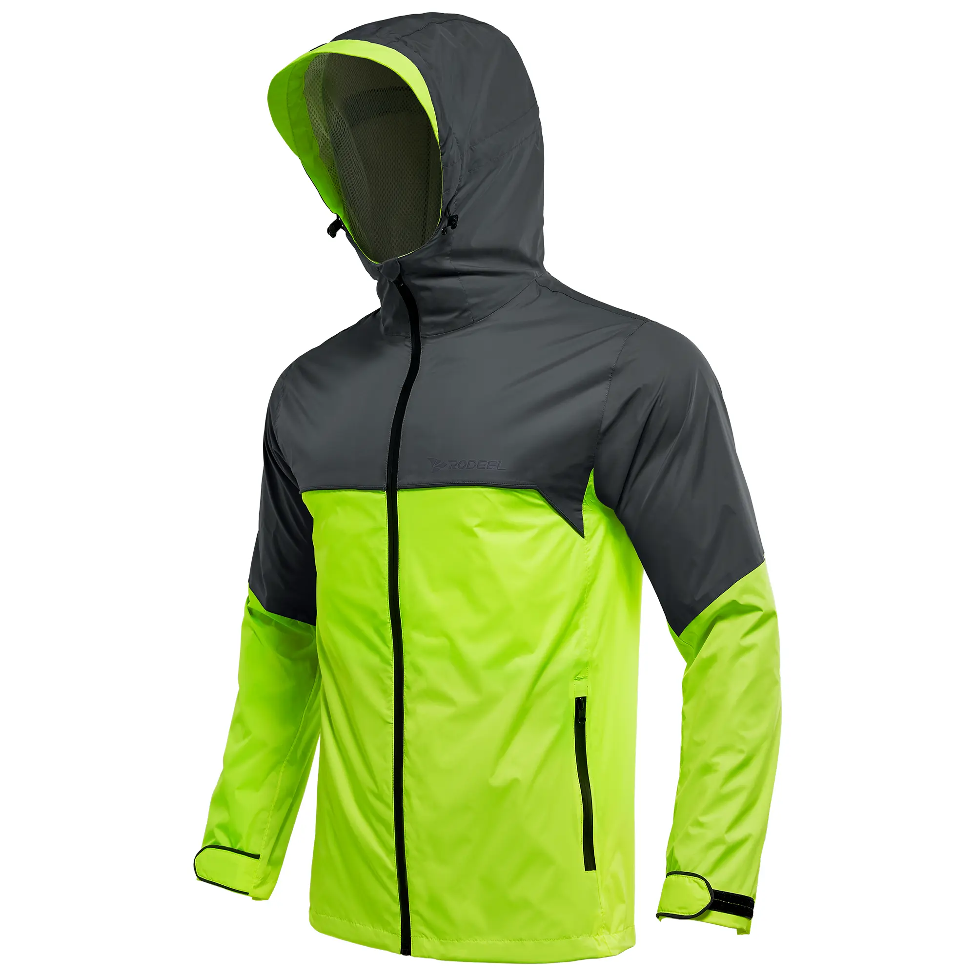 RODEEL 710 Waterproof Jacket with Storage Pouch Men High Visibility Lightweight Breathable Hooded Rainwear Durable Rain Coat Weatherproof Windbreaker For Outdoor Hiking Camping Fishing Boating Construction Roofing Landscaping, Holiday Gift, Reflective Log