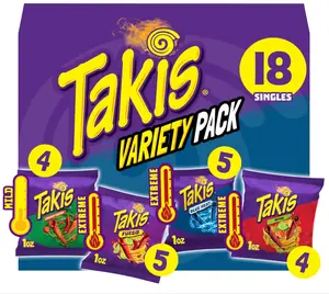 Takis 18 pc / 1 oz Variety Pack, Assorted Flavored Mixed Rolled Tortilla Chips – (5) Fuego, (5) Blue Heat, (4) Nitro, (4) Crunchy Fajitas