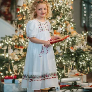 Girl Dress,Handmade Embroidered Floral Heirloom, Lace Crew Collar, Puff Sleeve, Cotton Kids Casual Clothing