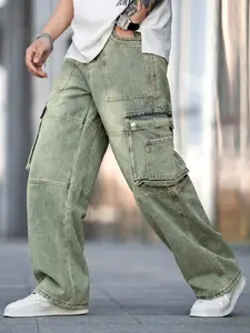 Men's Olive Green Cargo Wide Leg Loose Fitting Denim Jeans, Vintage Washed Baggy Multi-Pocket Streetwear Plain Pants