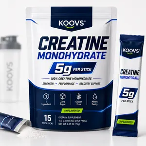 KOOVS creatine monohydrate Amino Acid Creatine Monohydrate Powder Stick Packs - 5g Per Stick, 15 Count, Unflavored, 0 Sugar, Gluten Free, Easy to Mix, 100% Creatine Monohydrate, Mixes Easily