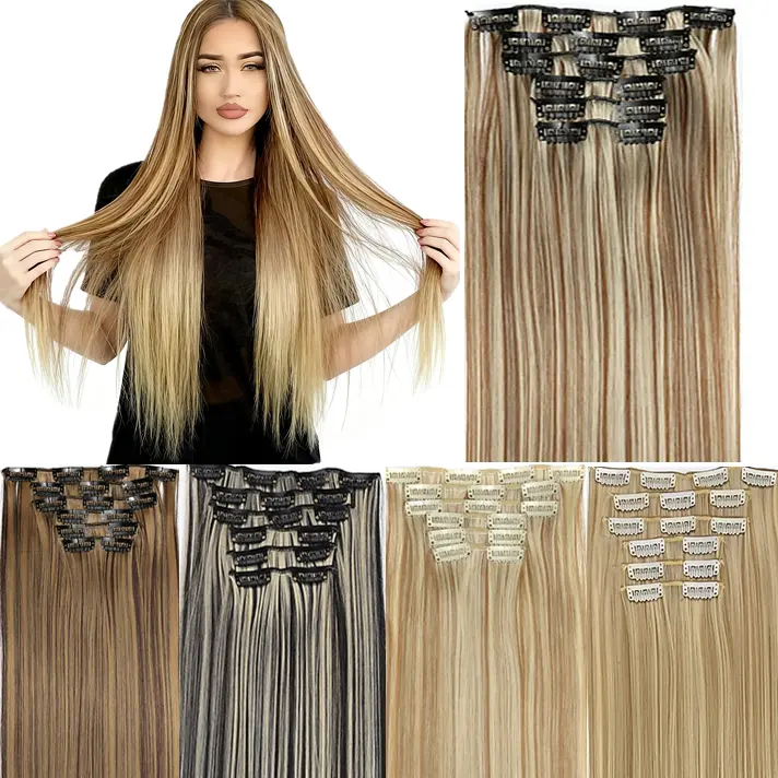 6 Pieces Clip In Synthetic Hair Extensions 16 Clips Straight Synthetic For Wig 60cm  High Temperature Fiber Durable Material Versatile Styling Secure Customizable