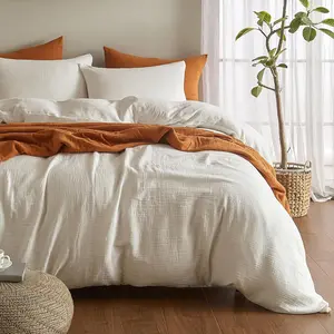 Queen Size Muslin Duvet Cover Set 100% Washed Cotton Ultra Soft Linen Like Minimalist Gauze 3 Piece Set with 2 Pillowcases 90"x90" White