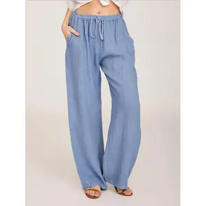 plus size 2025 women linen pants with highwaist wideleg pants Adjustable elastic band high quality solid long linen pants oversize