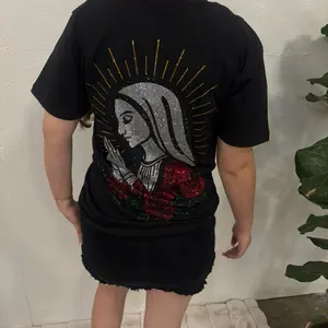 Siempre Bendecida Virgin Mary With Rhinestones TShirt Black Tee Featuring Glittery Virgin Mary Design