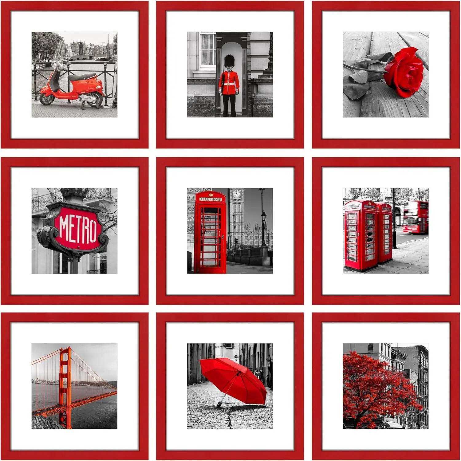 12x12 Picture Frame Set of 9, Photo Gallery Wall Frame Set, Display Pictures 8x8 with Mat or 12 x 12 Without Mat, Square Frame Picture Frames Collage Wall Decor, Red