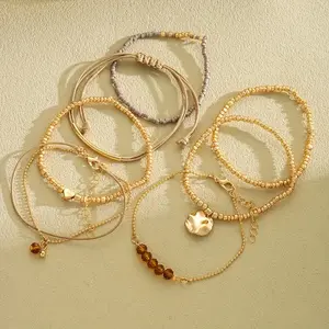 7-piece set of stylish and simple handmade beaded bracelets - heart-shaped and geometric pattern design, suitable for beach vacations, dates, parties and daily wear