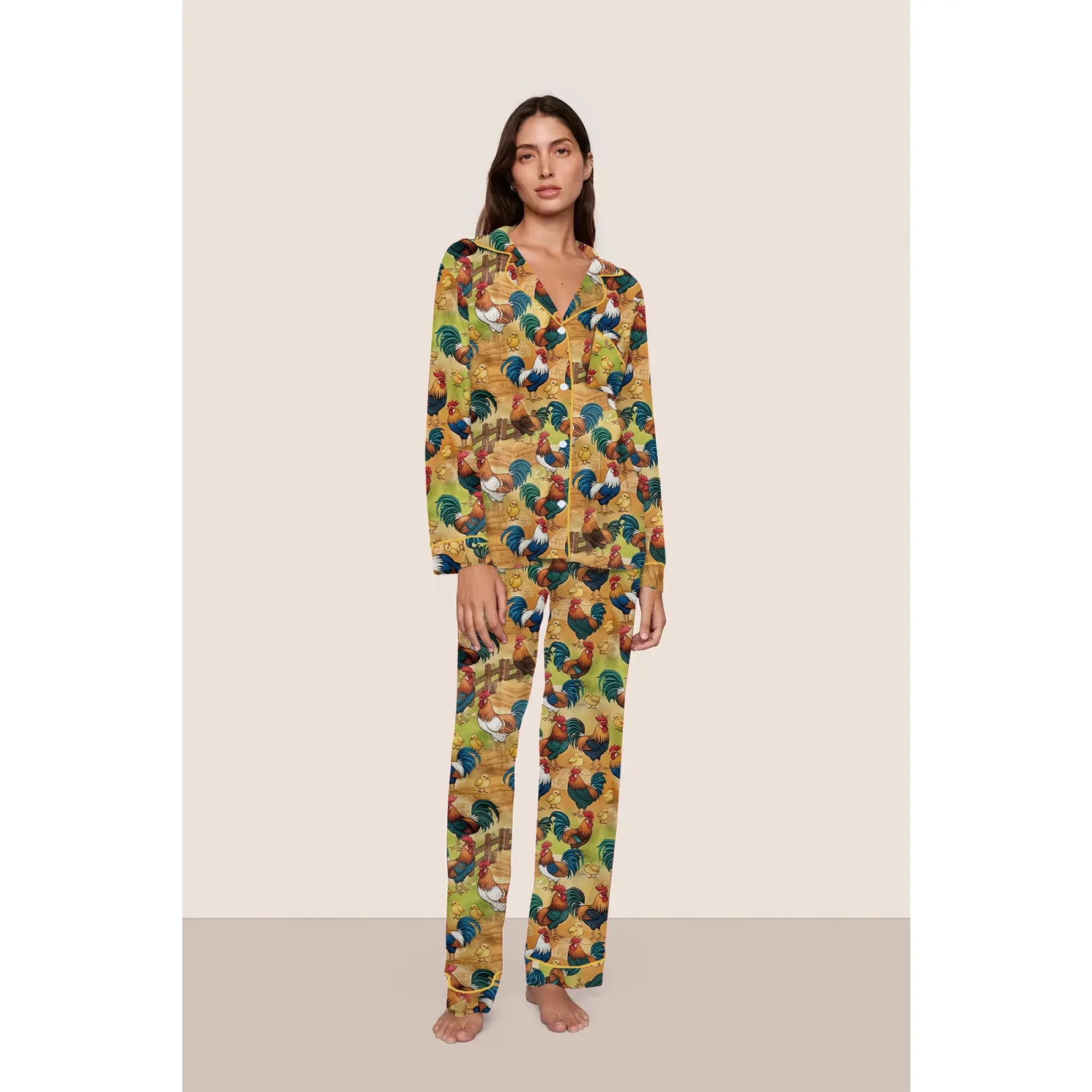Pastoral style watercolor chick and rooster pattern long sleeve pajama set, women's loose lapel long pants homewear, soft and skin-friendly spring and autumn two-piece loungewear