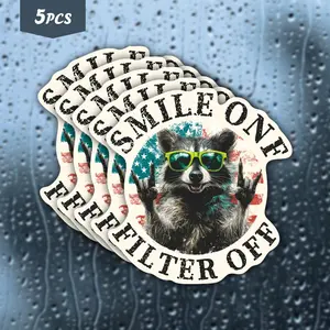 5Pcs Authentic & Bold Patriotic Raccoon "Smile On Filter Off" Waterproof Vinyl Sticker, Self-Adhesive Single-Use Decal, Suitable For Water Bottles, Laptops, Cars, Tablets And More, Ideal For Raccoon, Patriotic Style And Authenticity Enthusiasts